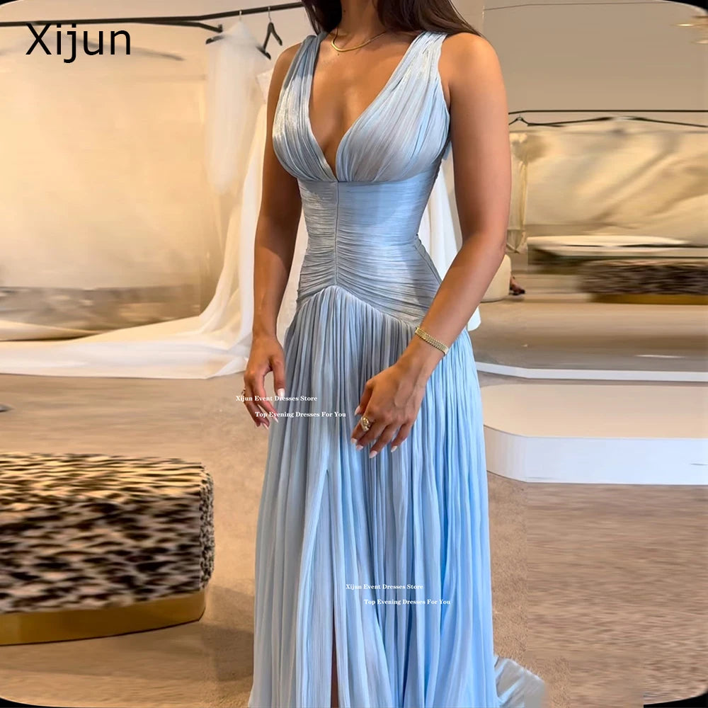 Luxurious Blue Silk Satin V Neck Long Evening Dress
