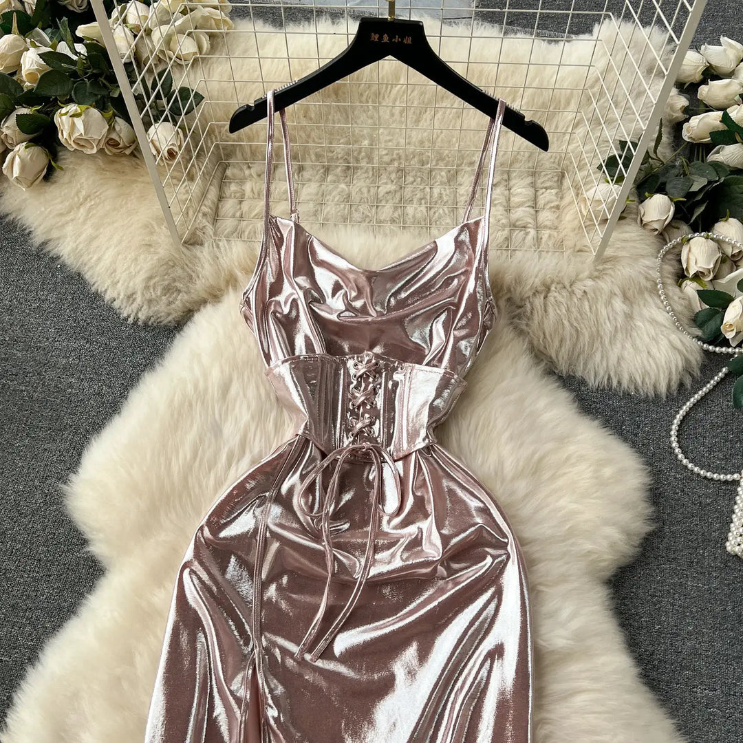 SINGREINY Spaghetti Strap Split Long Dress 2025 Ladies Fake Leather Lace Up Bodycon Sundress Y2K Hotsweet Shiny Slim Party Dress