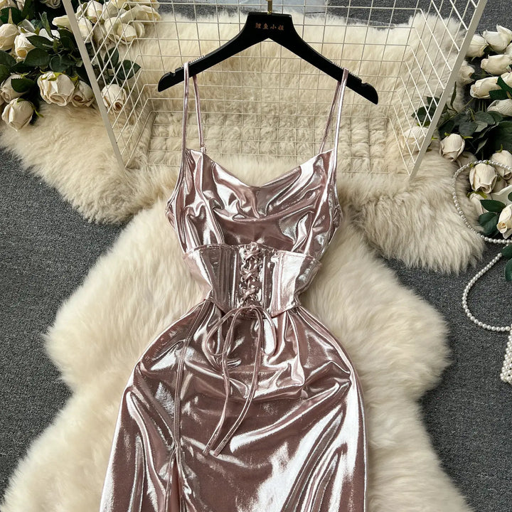 SINGREINY Spaghetti Strap Split Long Dress 2025 Ladies Fake Leather Lace Up Bodycon Sundress Y2K Hotsweet Shiny Slim Party Dress