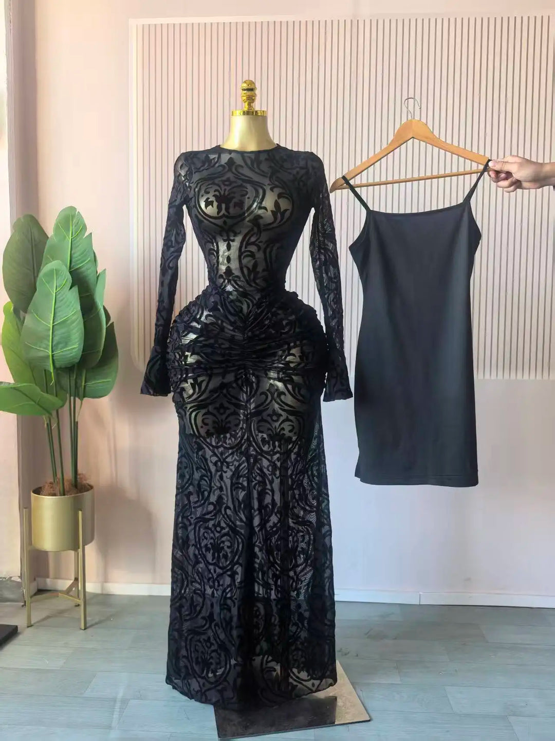 Elegant Sheer Mesh Evening Gown Long Sleeve Formal