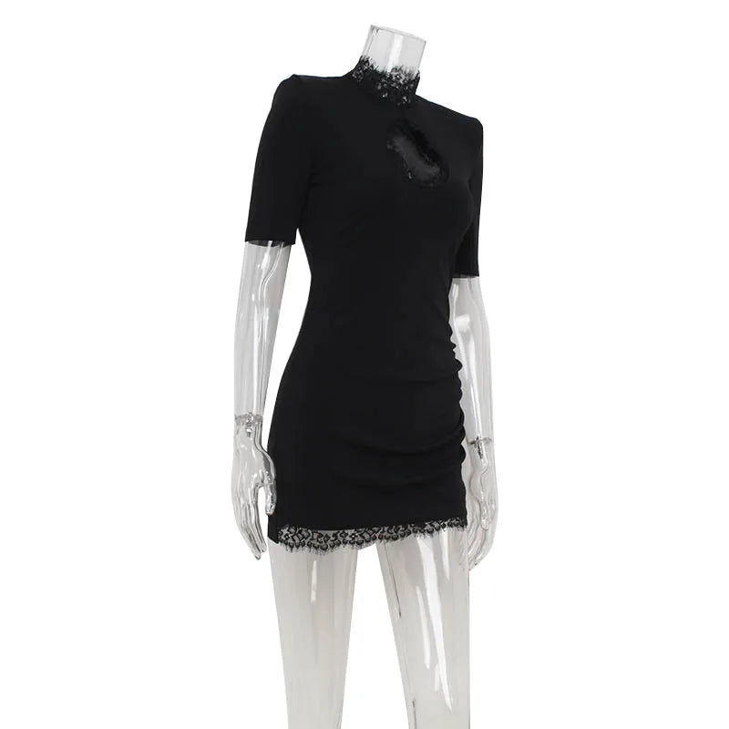 Lace Patchwork Bodycon Mini Dress High Collar
