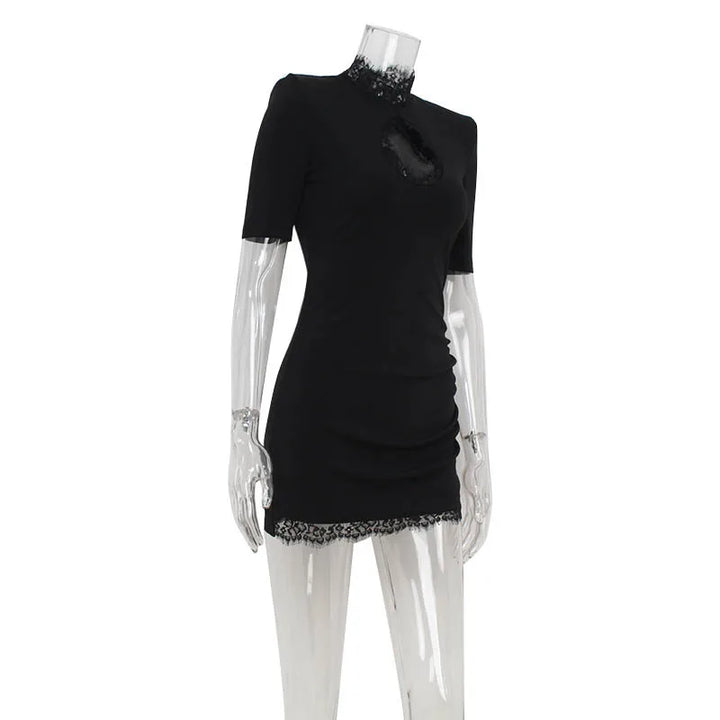 Lace Patchwork Bodycon Mini Dress High Collar