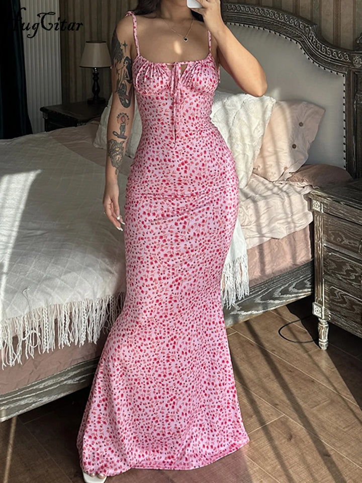 Hugcitar Women Elegant Floral Beach Bodycon Dress