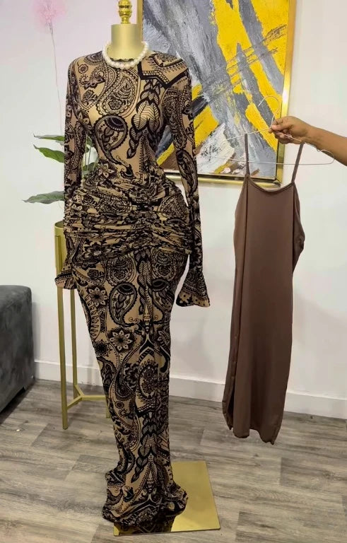 Elegant Long Sleeve Mesh Gown With Sheer Lining