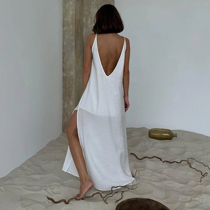 HiLoc Casual Loose White Long Dress Robe 2025 New Summer V Neck Dresses For Women Spring Sleeveless Straight Robes Nightgown
