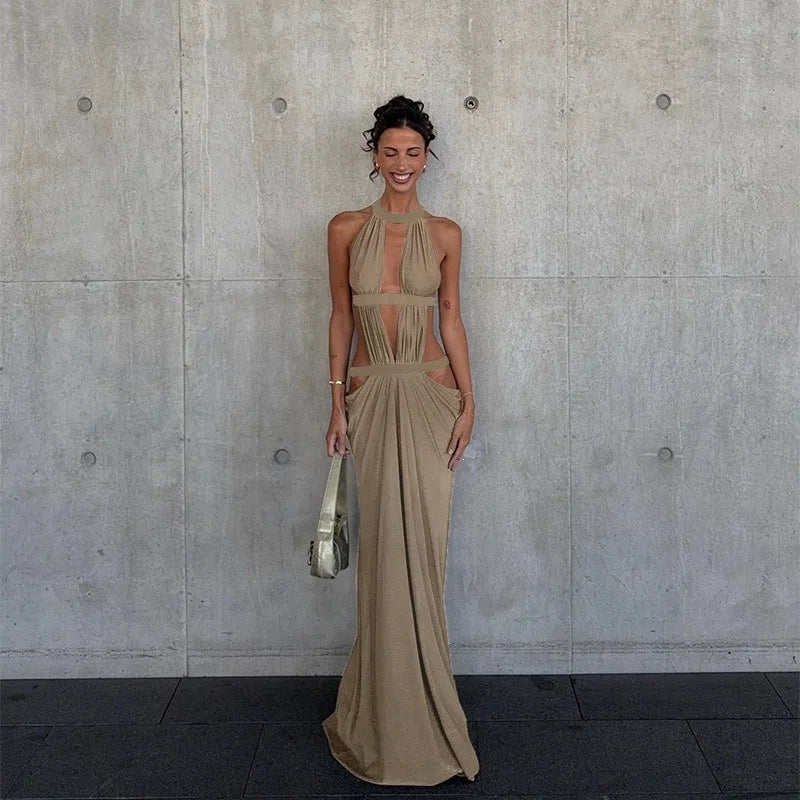 Sparkling Hollow Out Halter Dress High Waist Backless Long