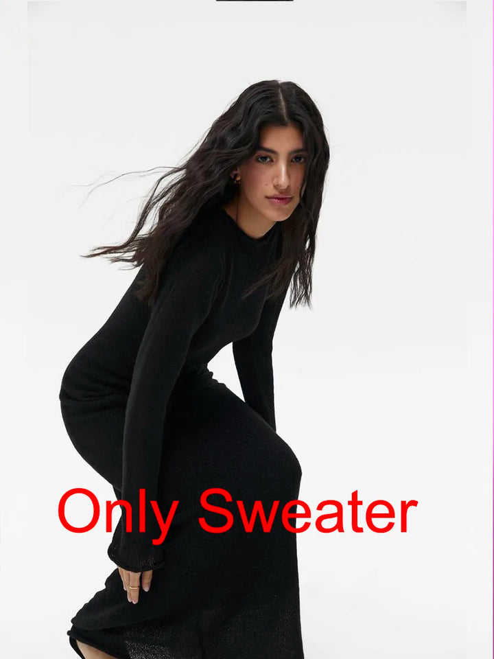 Elegant Elastic Knit Long Dress For Women Soft Chic O-Neck Sweater