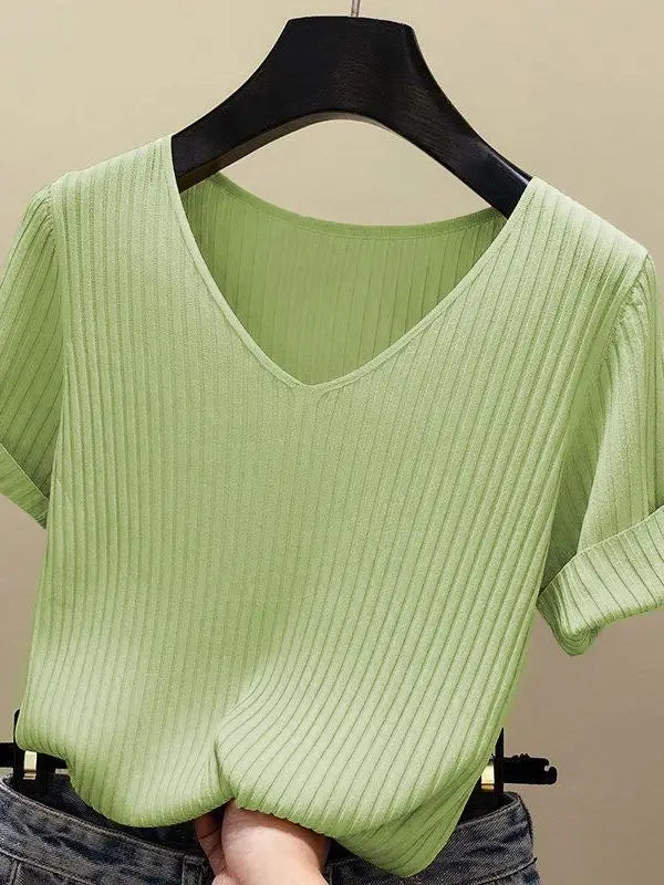 AOSSVIAO 2026 Basic V-neck Solid Thin Summer Women Pullover Female Thin Knitted Ribbed Sweater Slim Short Sleeve Bodycon Sweater