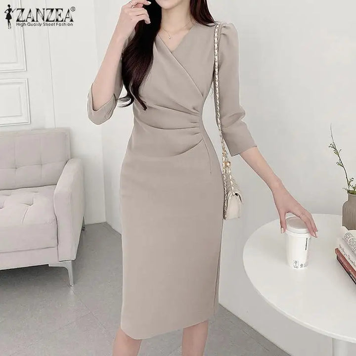Elegant V Neck Bodycon Dress Fine Weave Workwear
