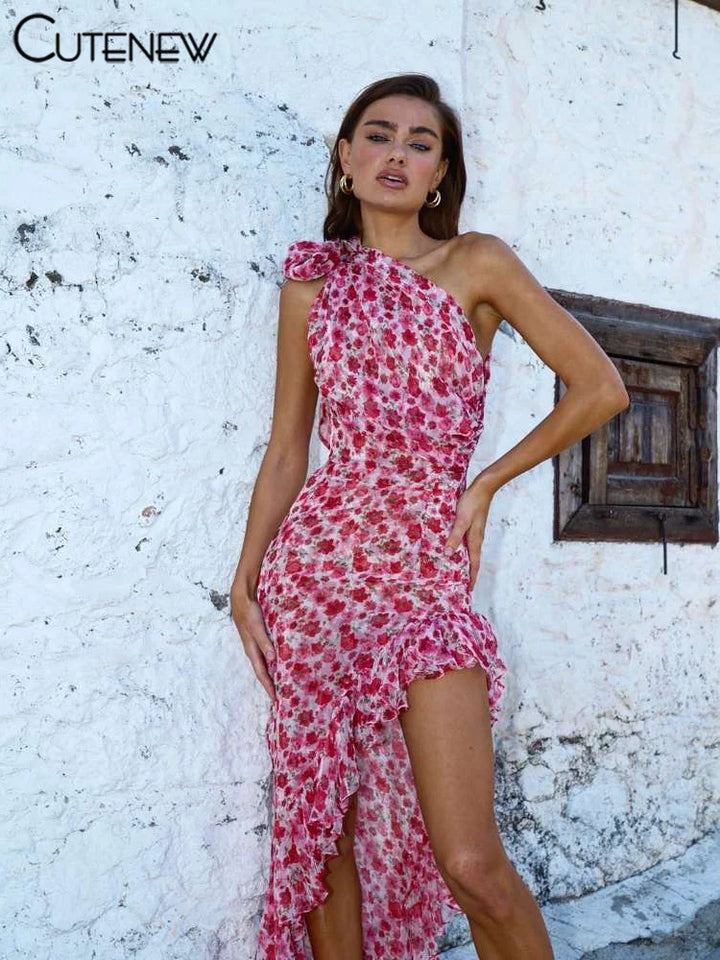 Cutenew Floral Print Bodycon Midi Dress Ruffle