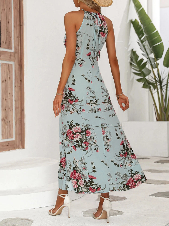 Elegant Tailored Floral Halter Dress For Summer