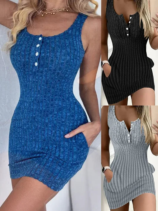 Button Front Pocket Tank Dress Bodycon Sleeveless
