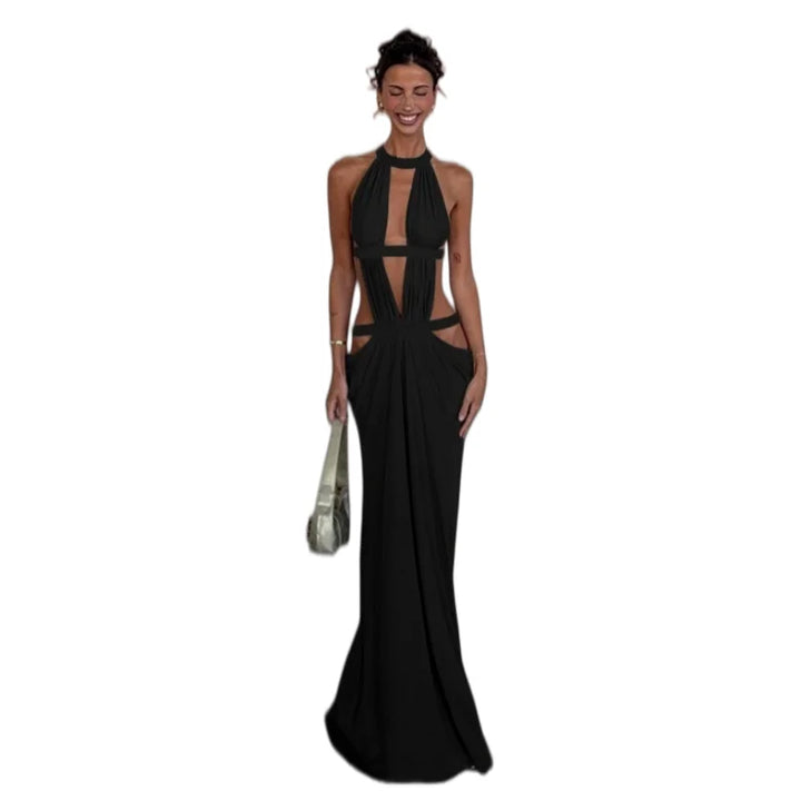 Sparkling Hollow Out Halter Dress High Waist Backless Long