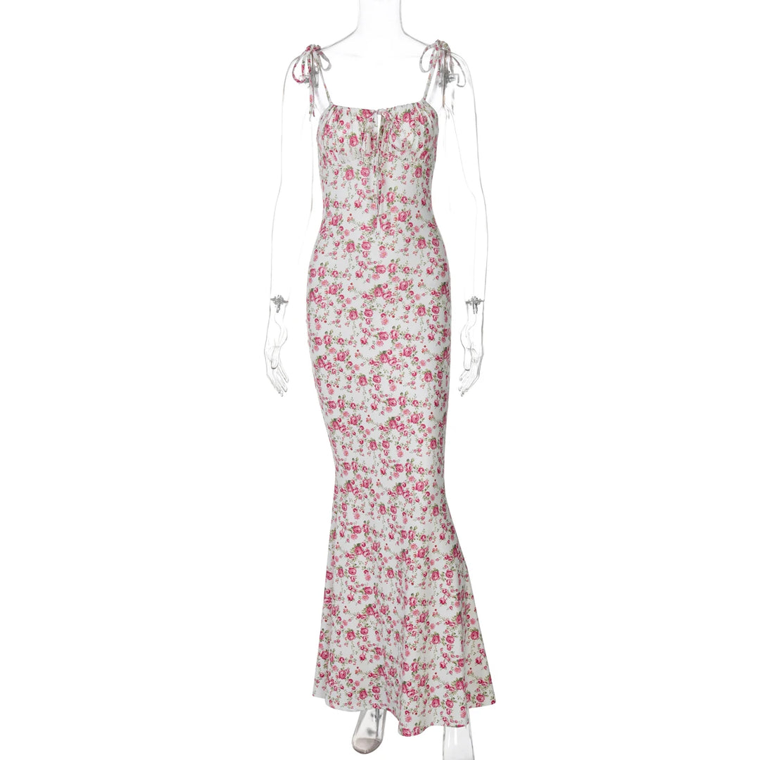 Floral Sleeveless Backless Lace Up Bodycon Maxi