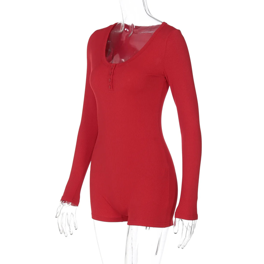 Stylish Ribbed Knit Bodycon Playsuit With Buttons