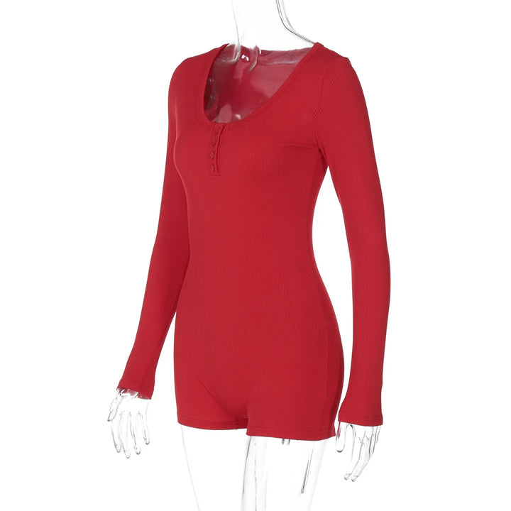 Stylish Ribbed Knit Bodycon Playsuit With Buttons