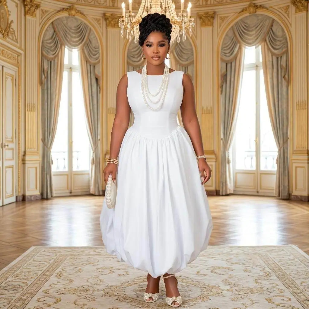 Elegant Sleeveless Round Midi Dress For Wedding Guests
