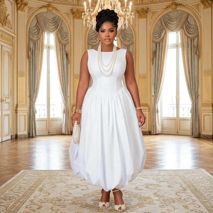 Elegant Sleeveless Round Midi Dress For Wedding Guests