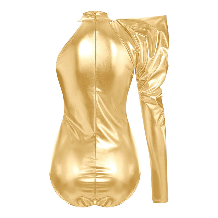 Stunning Womens Metallic Bodysuit With Dramatic Puff Sleeves For Party