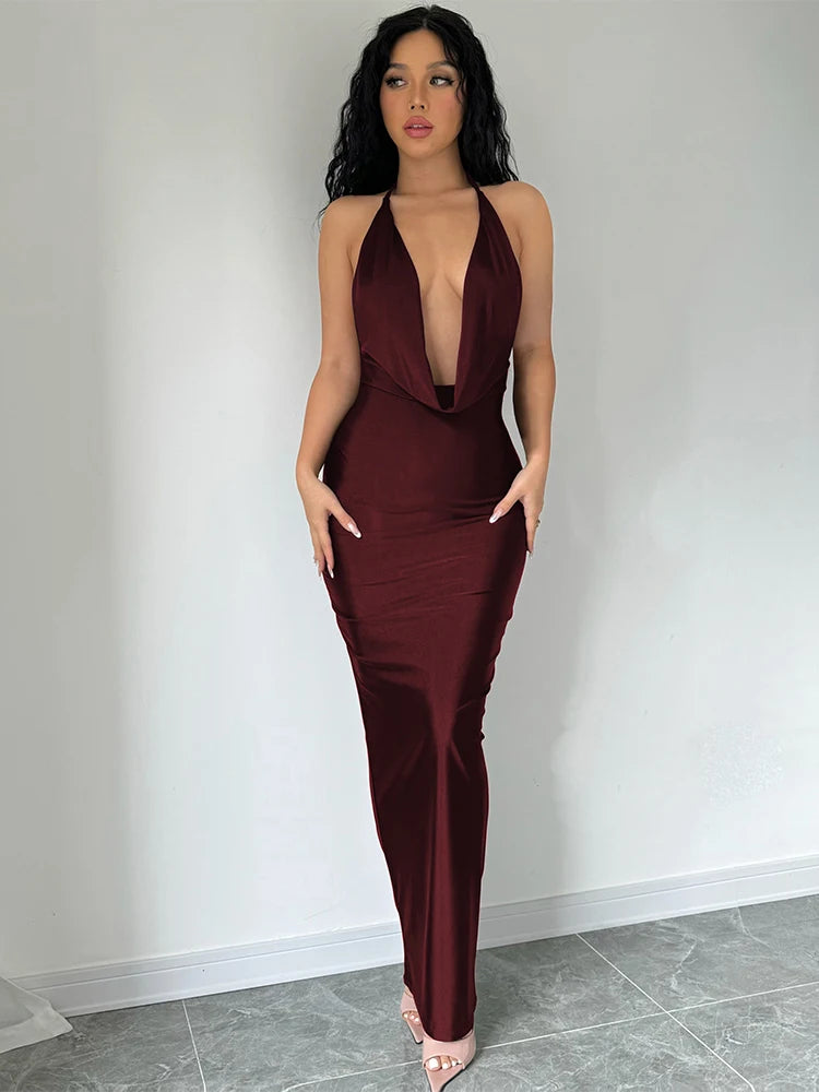 Dulzura Backless Halter Midi Dress Women Bodycon