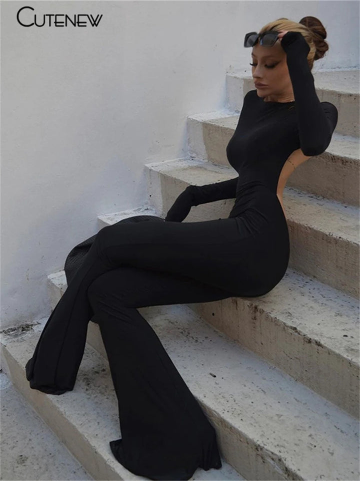 Black Backless Bodycon Jumpsuit For Women Wide Leg