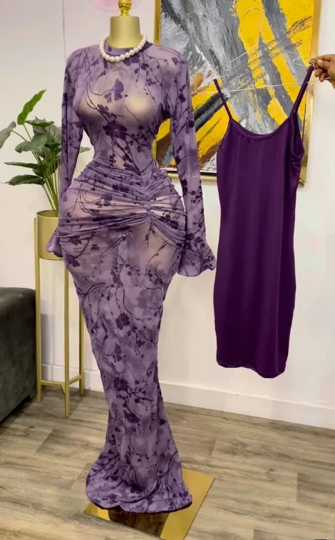 Elegant Sheer Mesh Evening Gown Long Sleeve Formal