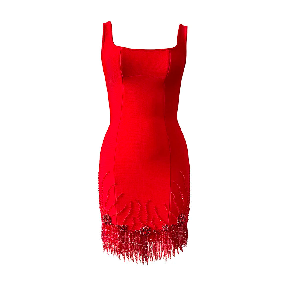 Women Sleeveless Bandage Dress Beading Tassel