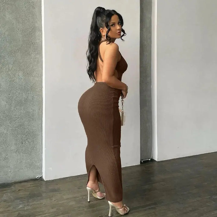 Hugcitar Ribbed Solid Hollow Out Backless Sleeveless Sexy Slit Mini Dress Bodycon 2025 Spring Women Outfits Elegant Party Y2K