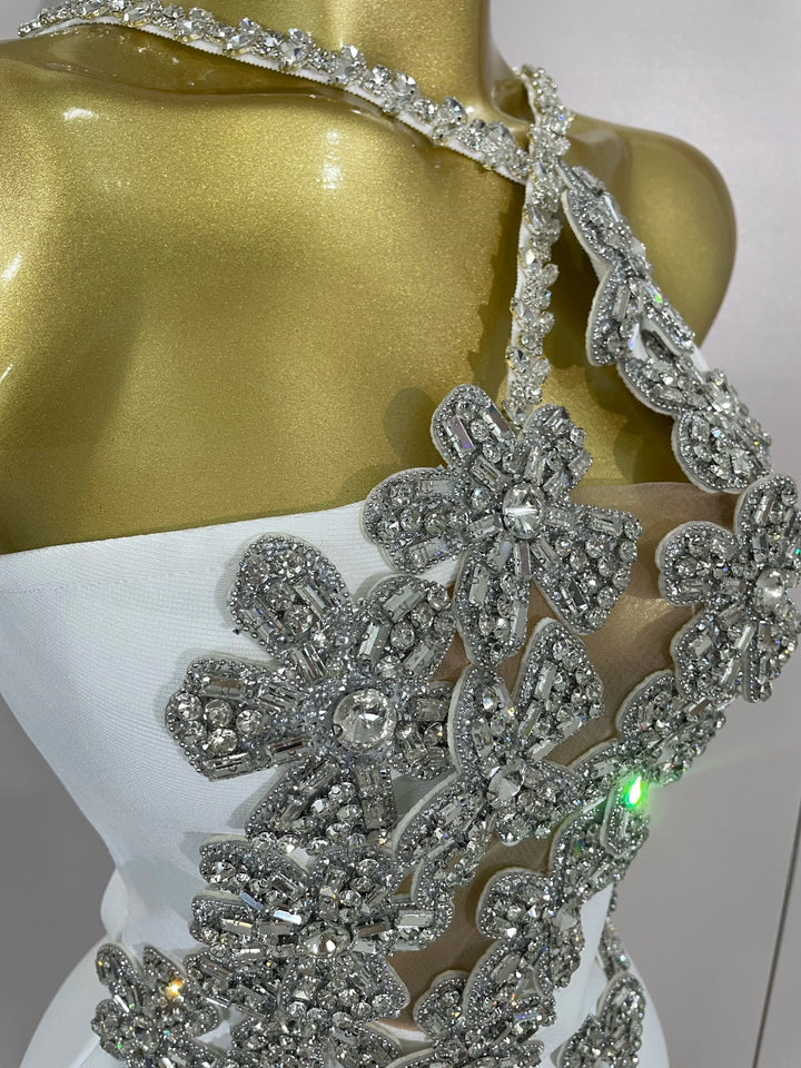 White Sparkly Crystal Diamond Backless Bodycon