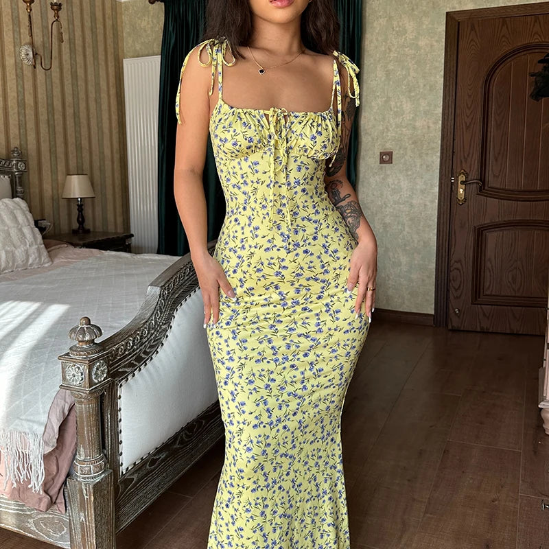 Floral Sleeveless Backless Lace Up Bodycon Maxi