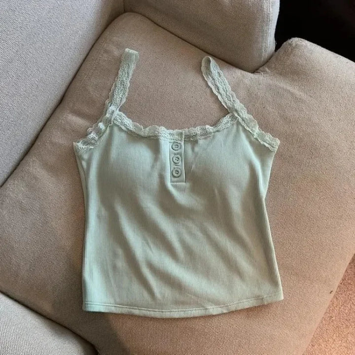 Sexy White Knit Camisole Lace Tank Top Cropped Vest Women&