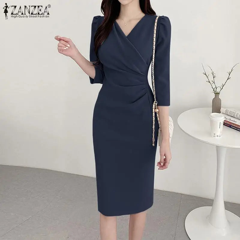 Elegant V Neck Bodycon Dress Fine Weave Workwear