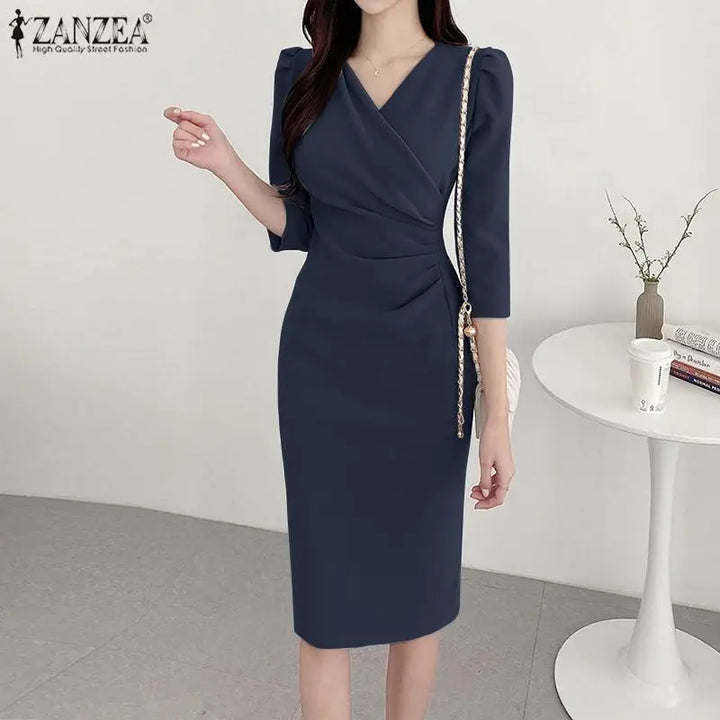 Elegant V Neck Bodycon Dress Fine Weave Workwear