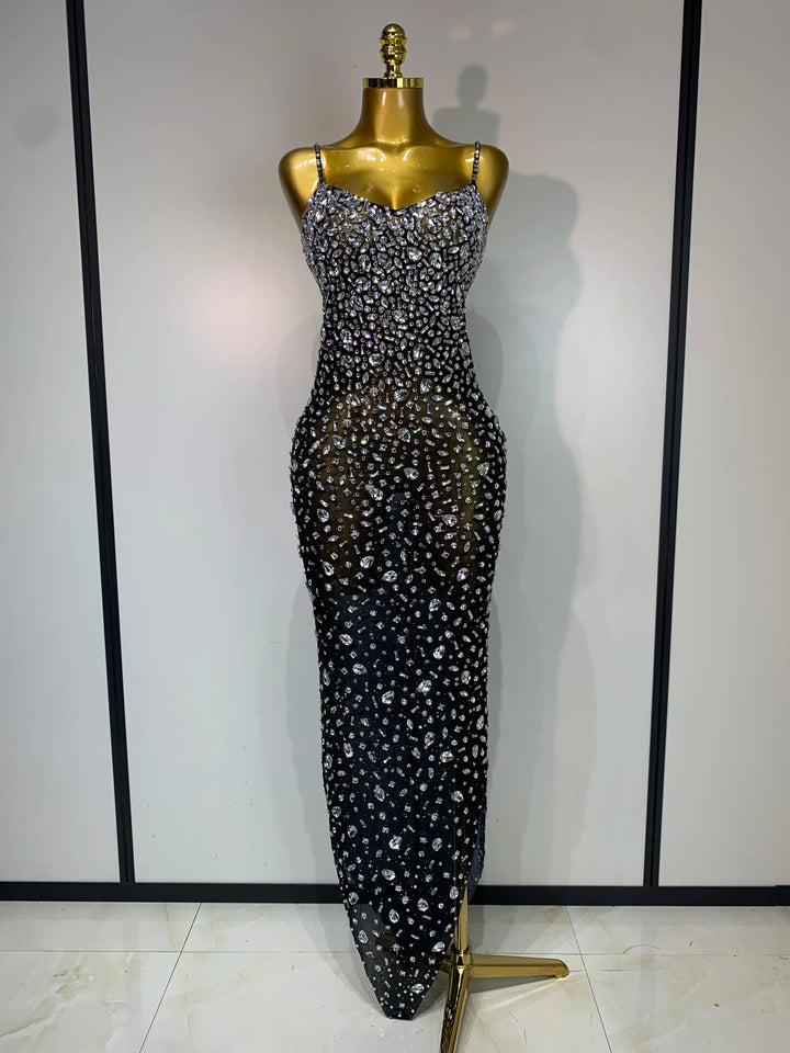 Rhinestone Mesh Bodycon Dress For Women Red Carpet