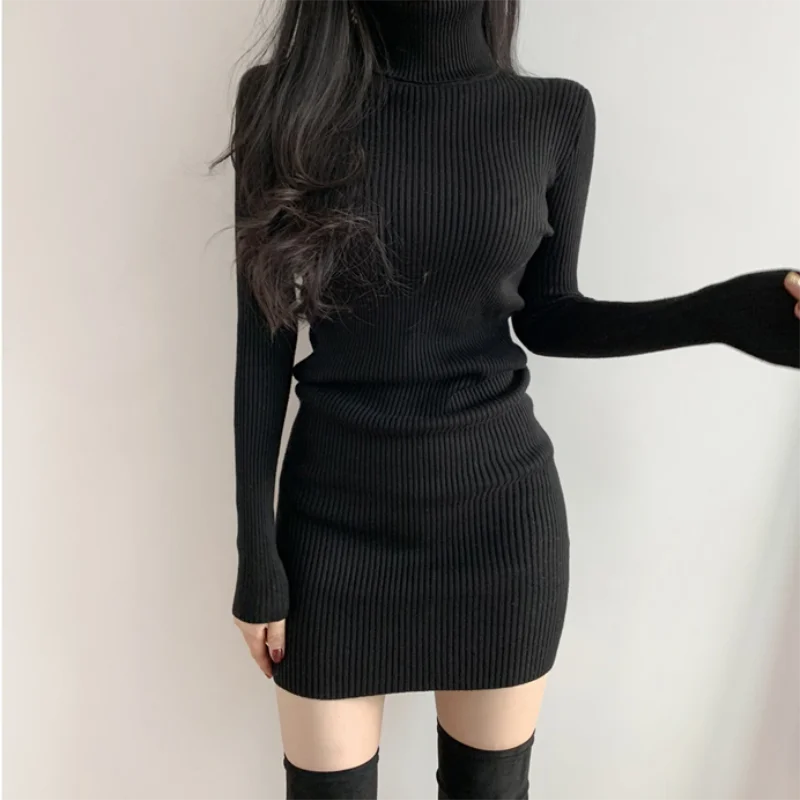 Women Autumn Turtleneck Bodycon Knit Mini Dress
