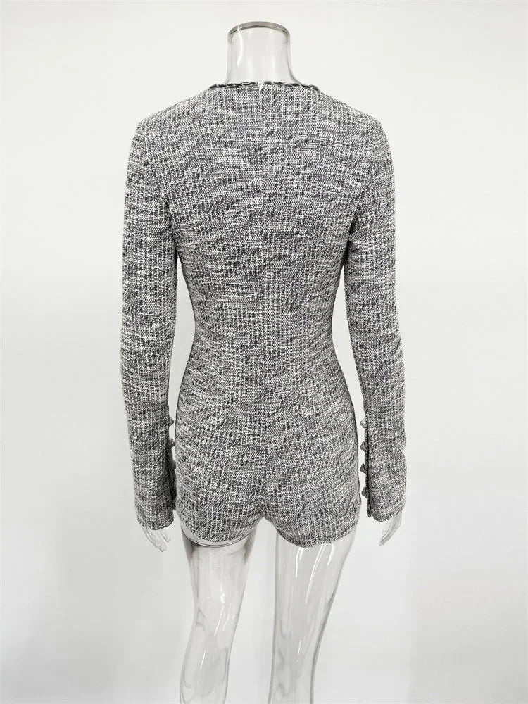 Beige Tweed Romper With Button Detail Jumpsuit