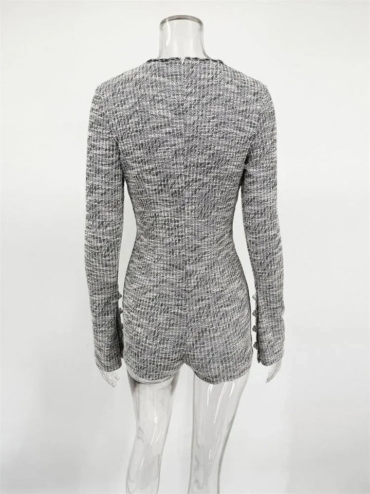 Beige Tweed Romper With Button Detail Jumpsuit