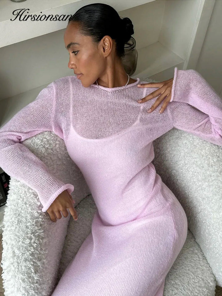 Elegant Elastic Knit Long Dress For Women Soft Chic O-Neck Sweater