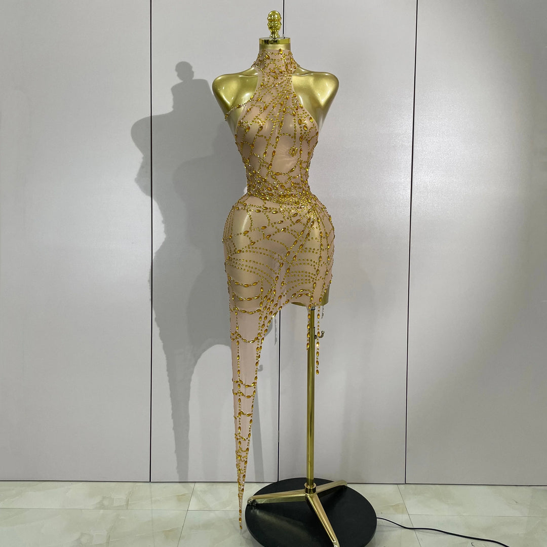 Sparkle Diamond Mesh Bodycon Mini Dress With