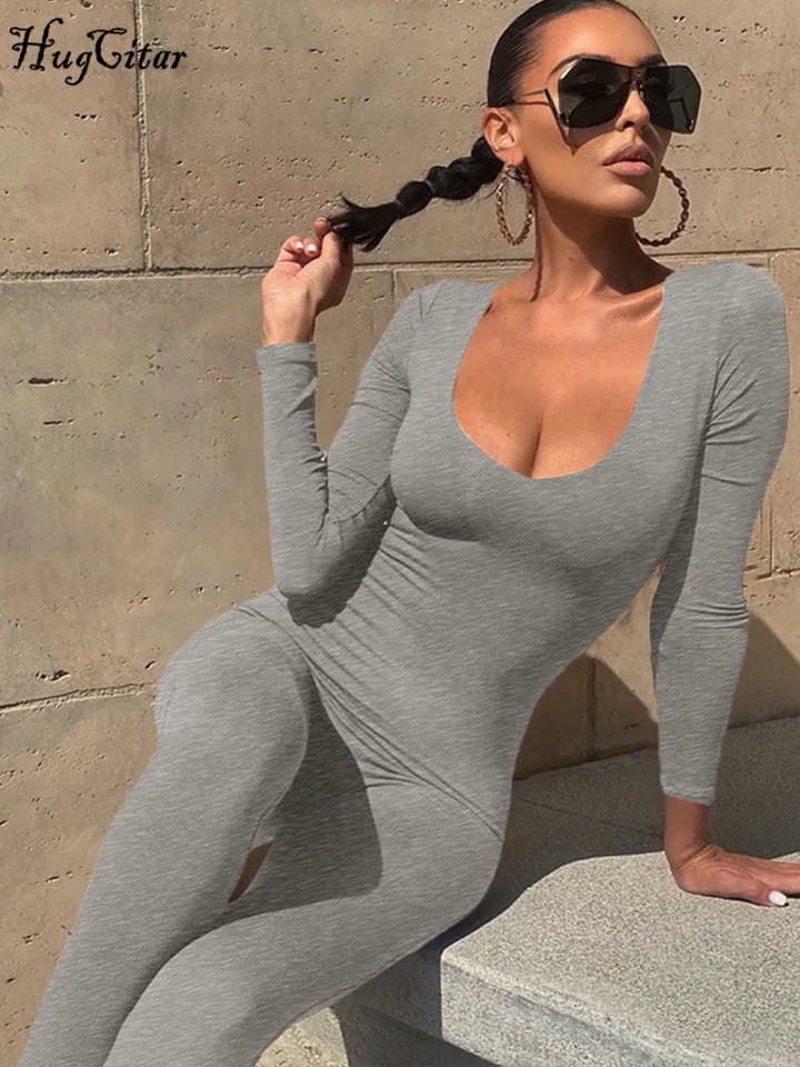 Hugcitar 2025 Square Collar Bodycon Jumpsuit Women
