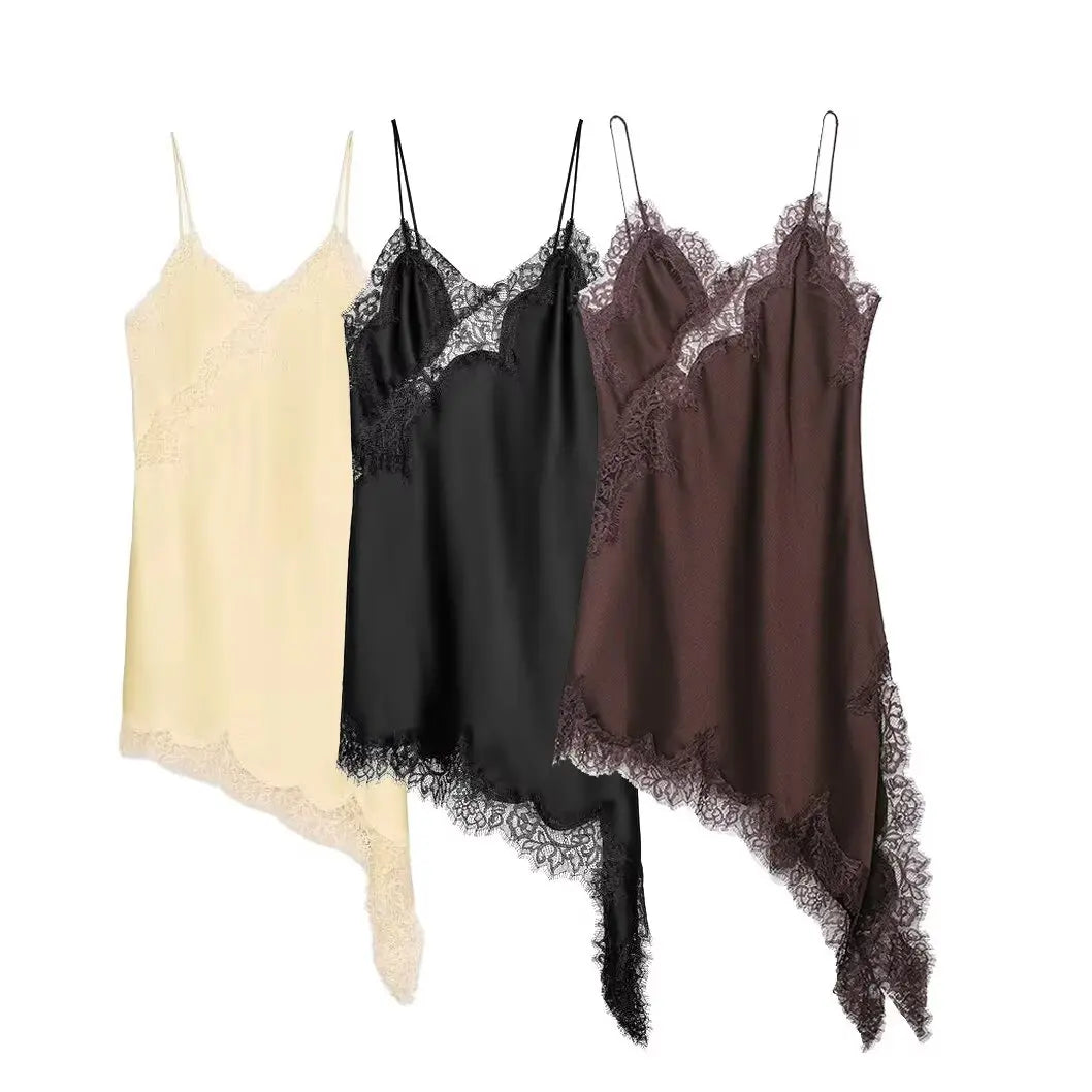Klkxmyt Satin Lace Mini Dress For Summer