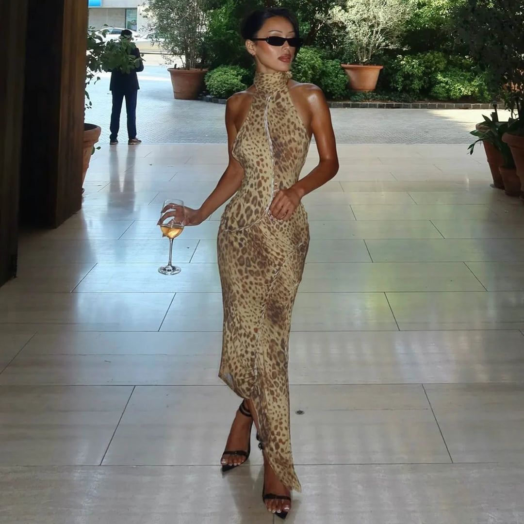 Leopard Maxi Dress With Halter Neck And Backless Design For Chic Evening Wear