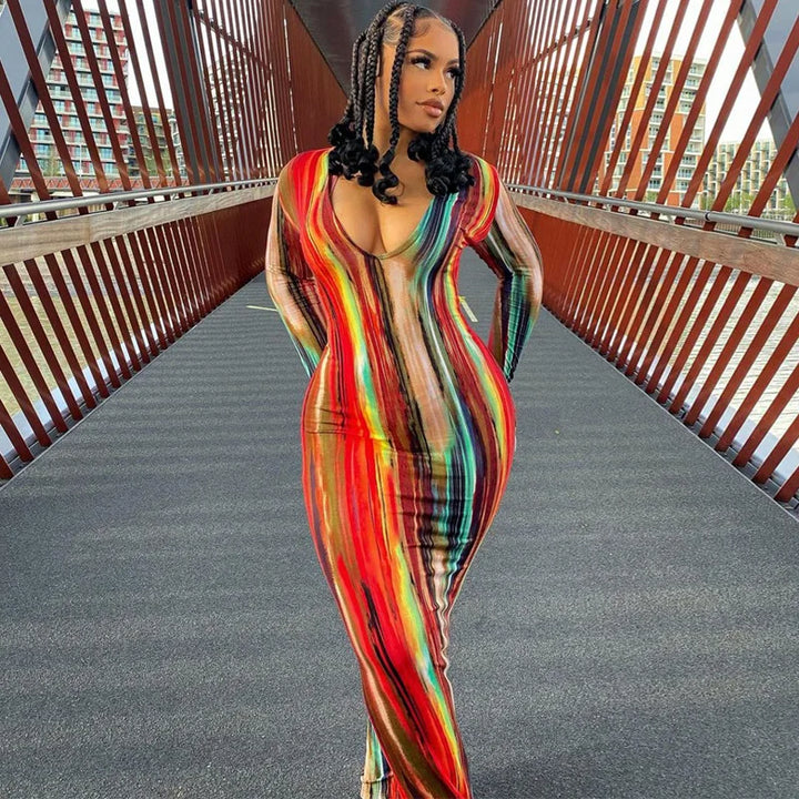 V Neck Stripe Long Sleeve Dress For Women