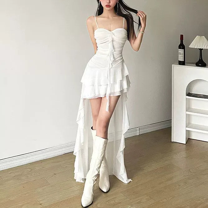 Spaghetti Strap Ruffle Mesh Bodycon Club Dress