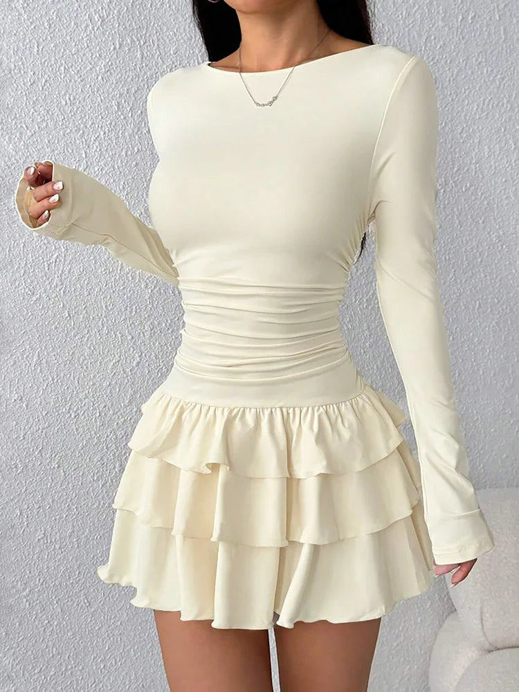 Autumn Winter Solid Color Slim Fit Ruffles Dress