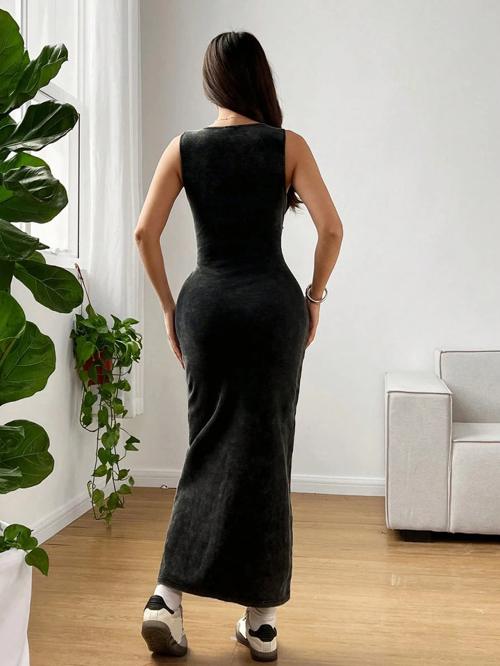 Womens Summer Round Neck Pleated Bodycon Dress