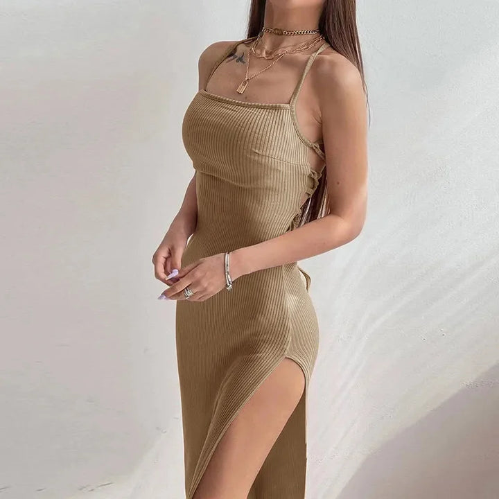 Elegant Black Sleeveless Maxi Dress Halter Neck