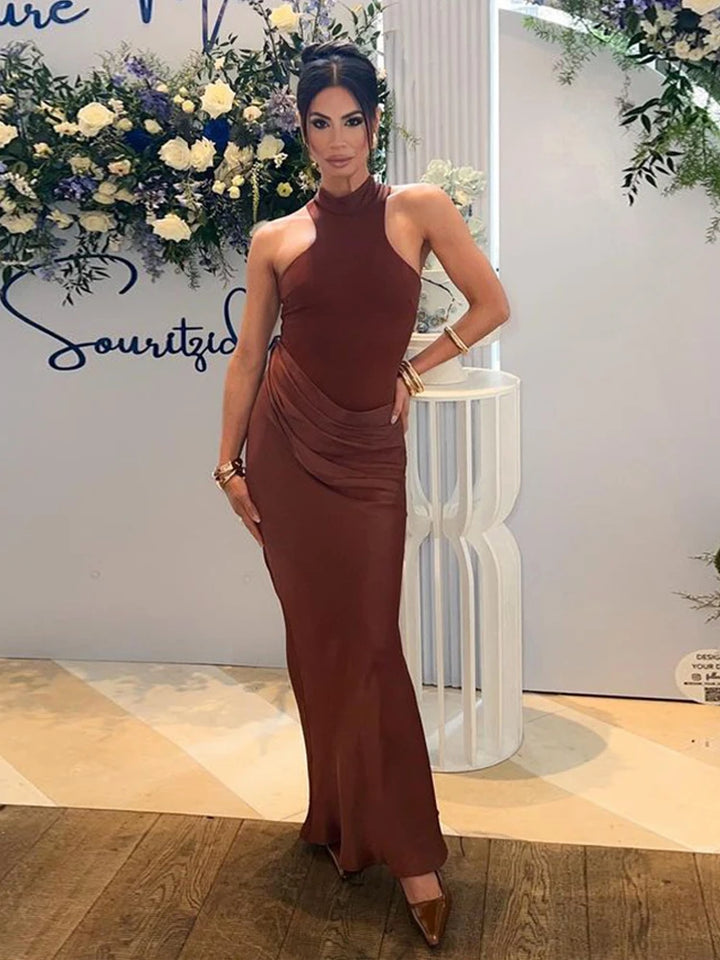 Julissa Mo Satin Sexy Hollow Out Maxi Black
