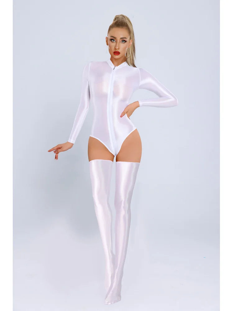 Glossy Long Sleeve Swim Bodysuit Zipper Tights