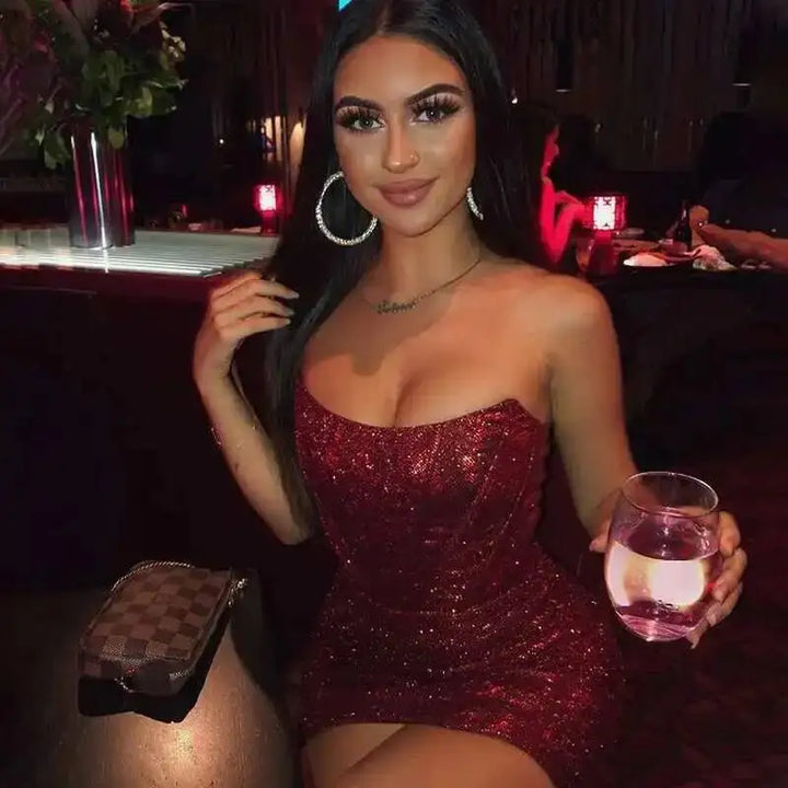 Giyu Black Glitter Strapless Bodycon Mini Dress